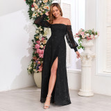 Black Off-Shoulder Long Sleeve Chiffon Embroidered High Slit Evening Dress