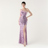 One-Shoulder Sequin Feather Low Back Slim Evening Dress