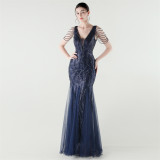 V-Neck Off-Shoulder Mesh Swing Luxury Slim Sequined Evening Dress