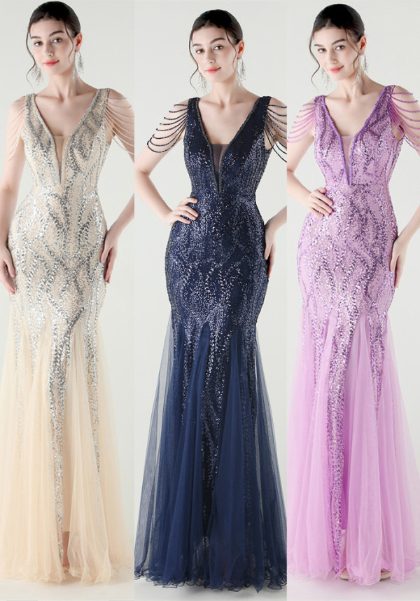 V-Neck Off-Shoulder Mesh Swing Luxury Slim Sequined Evening Dress