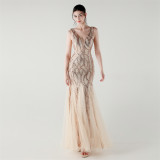 Deep V Neck Sequin Mesh Patchwork Fishtail Evening Dress for Formal Occasions