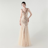 Deep V Fishtail Sequin Mesh Formal Party Evening Dress