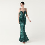 Deep V Strap Sequin Fishtail Evening Dress for Formal Occasions