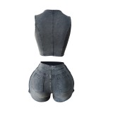 Elastic Denim Vest and Shorts Set for Women