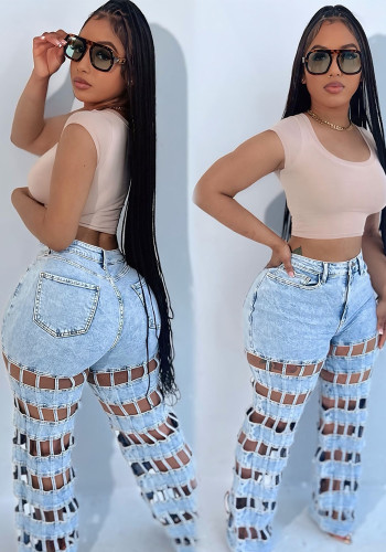 Ripped Denim Street Fashion Hollow High-Waist Straight Pants for Women