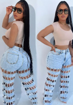 Ripped Denim Street Fashion Hollow High-Waist Straight Pants for Women Ripped Denim Street Fashion Hollow High-Waist Straight Pants for Women