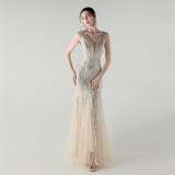 Deep V Fishtail Sequin Mesh Formal Party Evening Dress