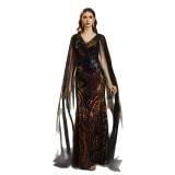 Women's Luxury V-Neck Long Sleeve Slim Waist Sequin Mesh Formal Party Evening Dress