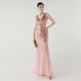 Spring Summer Low Back Sequined Mesh Slim Fishtail Party Evening Dress