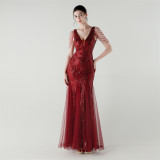 Spring Summer Low Back Sequined Mesh Slim Fishtail Party Evening Dress