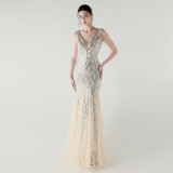 Spring Summer Low Back Sequined Mesh Slim Fishtail Party Evening Dress