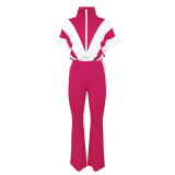 Casual Elastic Slim Waist Color Block Patchwork Sports Two Piece Pants Set for Women