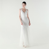 Spring Summer Low Back Sequined Mesh Slim Fishtail Party Evening Dress