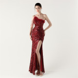 One-Shoulder Sequin Feather Low Back Slim Evening Dress