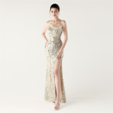 One-Shoulder Sequin Feather Low Back Slim Evening Dress