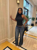 Women's Fashion Fringe High Waist Straight Denim Pants