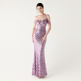 Deep V Strap Sequin Fishtail Evening Dress for Formal Occasions