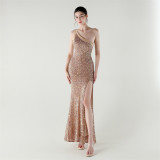 One-Shoulder Sequined Fishtail Evening Dress for Formal Parties