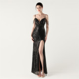 Sequin Deep V Neck Strap Low Back Fishtail Party Evening Dress