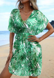 Leaf Print Beach Holidays Dress  Sunscreen Cover-Up