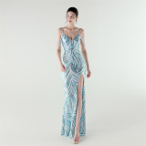 Elegant Deep V Strap Sequin Evening Dress