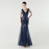 V-Neck Off-Shoulder Mesh Swing Luxury Slim Sequined Evening Dress