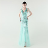 V-Neck Off-Shoulder Mesh Swing Luxury Slim Sequined Evening Dress