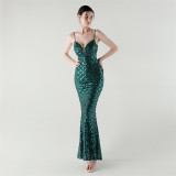 Deep V Strap Slim Fishtail Formal Party Evening Dress