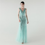 Deep V Fishtail Sequin Mesh Formal Party Evening Dress