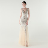 V-Neck Off-Shoulder Mesh Swing Luxury Slim Sequined Evening Dress