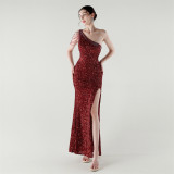 One-Shoulder Sequined Fishtail Evening Dress for Formal Parties