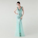 Deep V Neck Sequin Mesh Patchwork Fishtail Evening Dress for Formal Occasions
