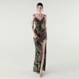 Elegant Deep V Strap Sequin Evening Dress