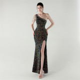 One-Shoulder Sequined Fishtail Evening Dress for Formal Parties