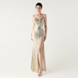 Sequin Deep V Neck Strap Low Back Fishtail Party Evening Dress