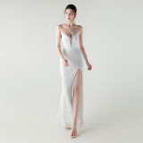 Fishbone Slim Waist Heart Neck Sequin Evening Dress Luxury Formal Party Gown