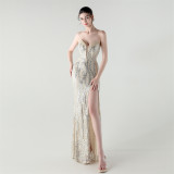 Fishbone Slim Waist Heart Neck Sequin Evening Dress Luxury Formal Party Gown