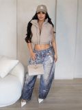 Denim Leather Print Wide-Leg Pants for Women