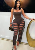 Fashion Sleeveless Bodysuit Cut Tassel and Tight Pants Set for Women