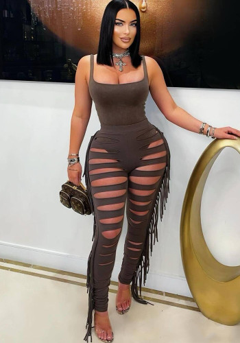 Fashion Sleeveless Bodysuit Cut Tassel and Tight Pants Set for Women
