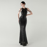 Elegant Chain-Decorated Fishtail Sequin Evening Dress for Formal Ceremonies