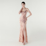 Elegant Deep V Strap Sequin Evening Dress
