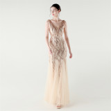 V-Neck Off-Shoulder Mesh Swing Luxury Slim Sequined Evening Dress