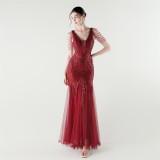V-Neck Off-Shoulder Mesh Swing Luxury Slim Sequined Evening Dress