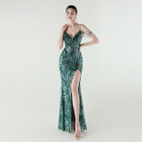 Elegant Deep V Strap Sequin Evening Dress