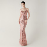 Deep V Strap Sequin Fishtail Evening Dress for Formal Occasions