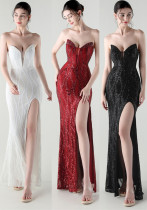 Fishbone Slim Waist Heart Neck Sequin Evening Dress Luxury Formal Party Gown Fishbone Slim Waist Heart Neck Sequin Evening Dress Luxury Formal Party Gown