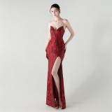 Fishbone Slim Waist Heart Neck Sequin Evening Dress Luxury Formal Party Gown