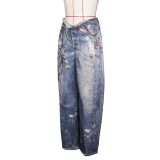 Denim Leather Print Wide-Leg Pants for Women