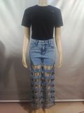Ripped Denim Street Fashion Hollow High-Waist Straight Pants for Women